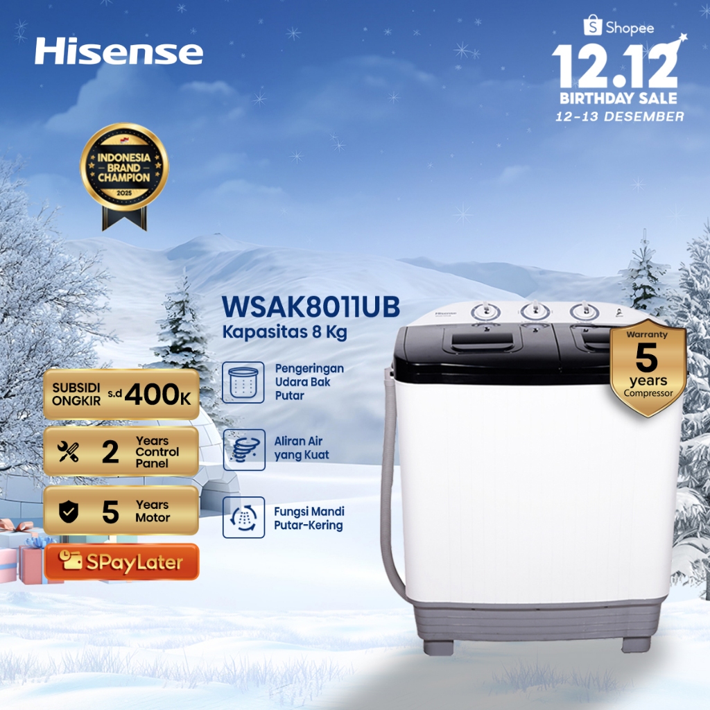 Hisense Mesin Cuci WSAK8011UB Top Loading Twintube Kapasitas 8KG 2 Tabung Bukaan Atas Pengeringan Ud
