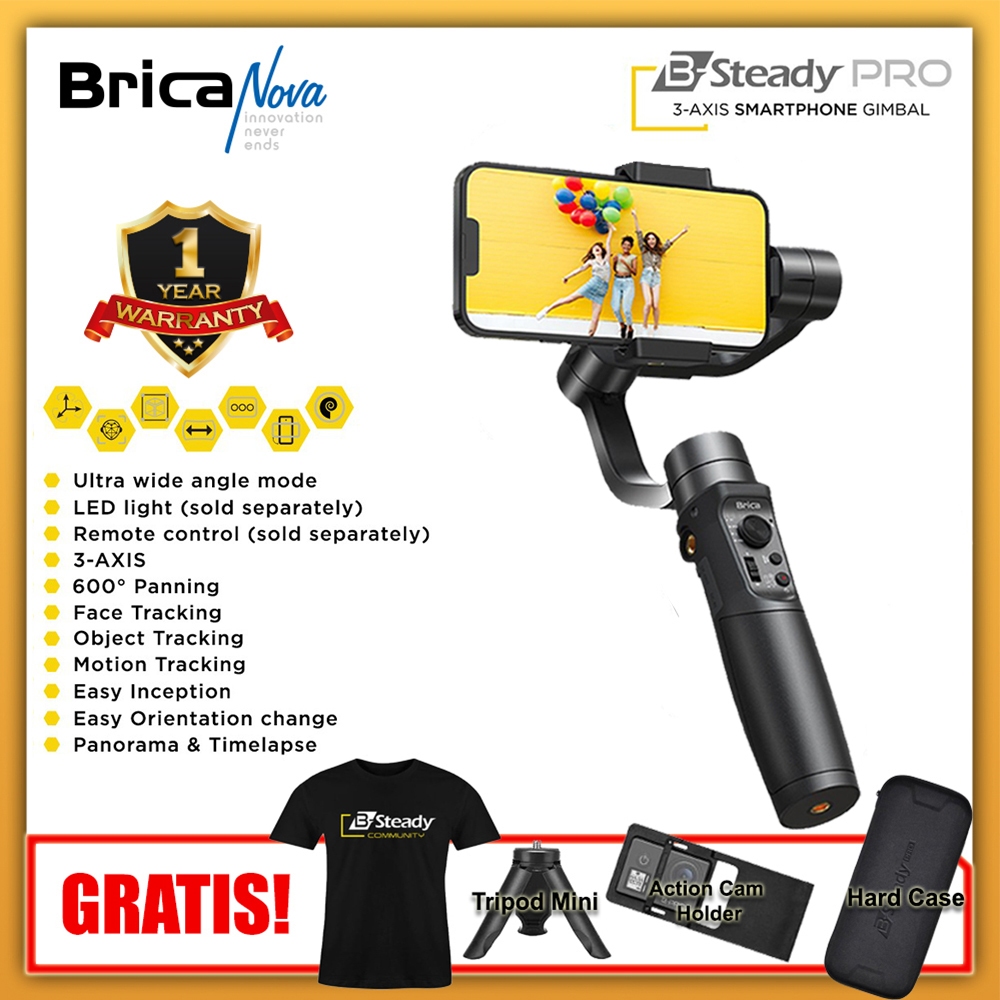 Brica B-Steady PRO - Smartphone & Action Cam Gimbal - Free T-Shirt + Tripod + ActionCam Holder - BSP