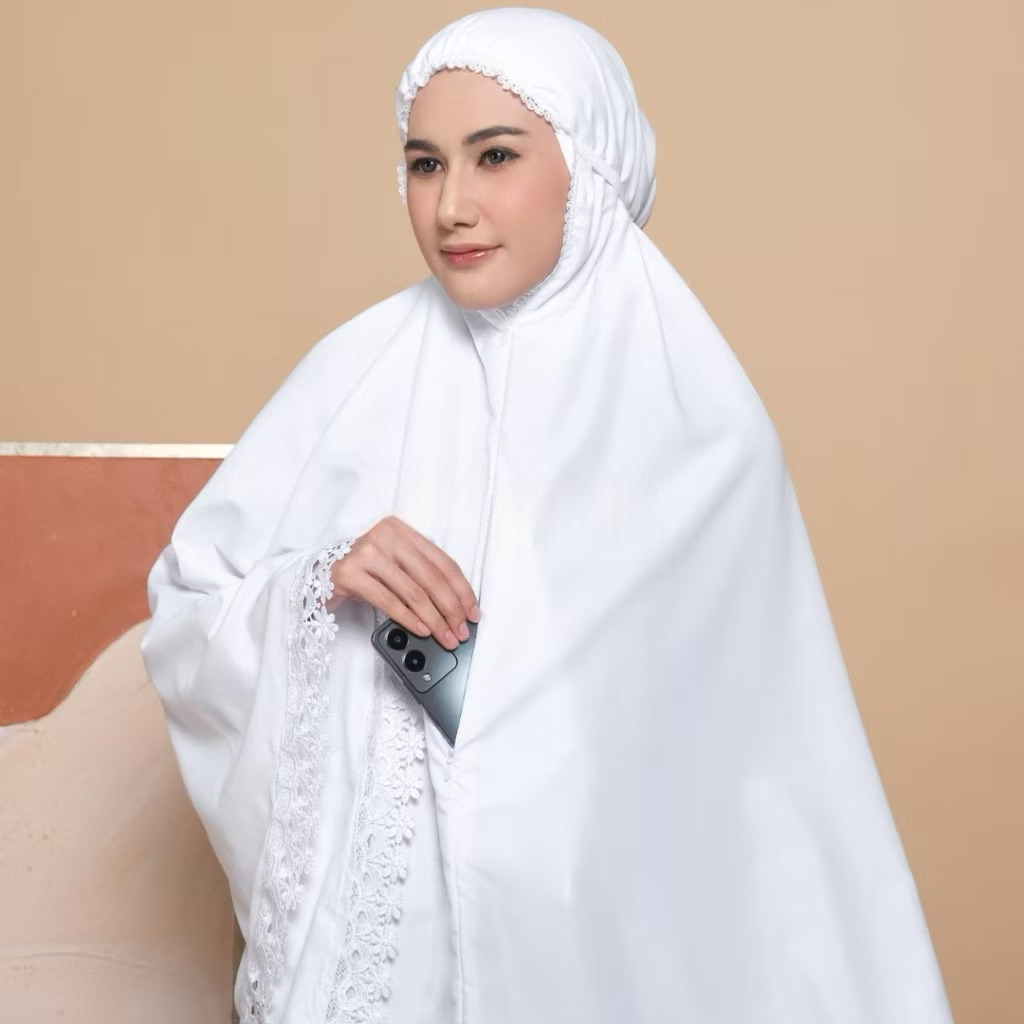 FELLA - Bergo Umroh Haji Bersaku Jumbo Katun Premium Renda Mewah Syari Putih Dan Hitam Lembut Adem