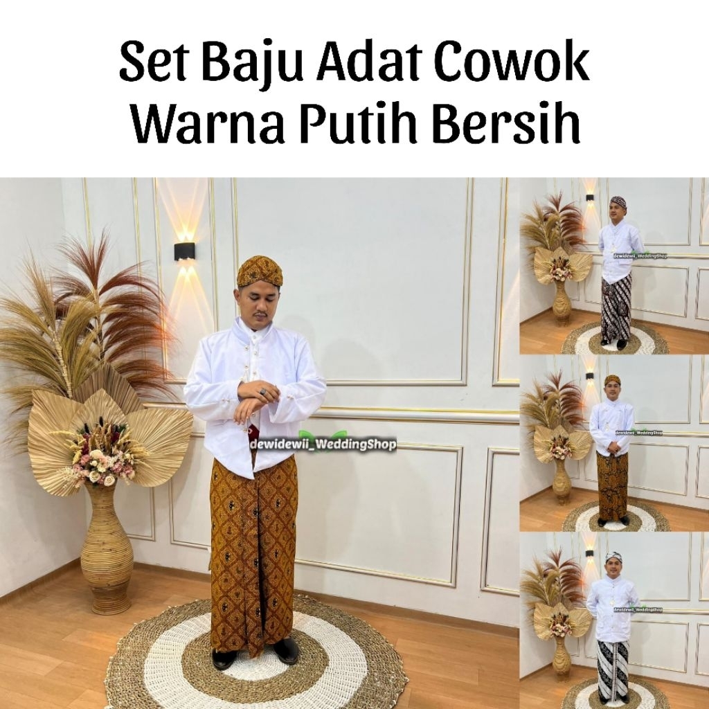 (1set, Cowok) Pakaian Adat Jawa / Beskap + Jarik + Blangkon + Free Benggol | Nuansa Putih Bersih
