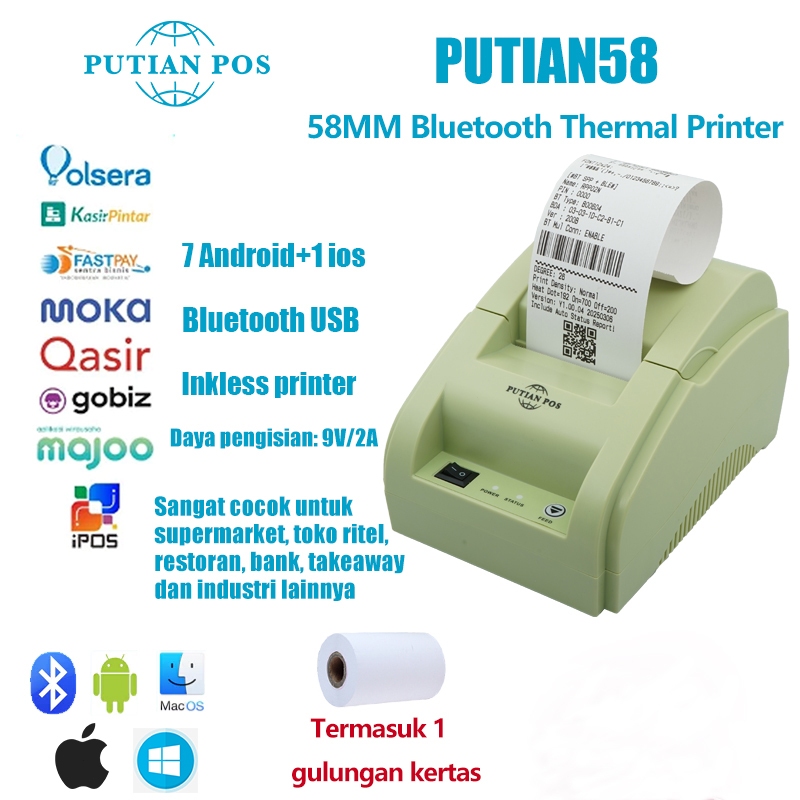 Printer PUTIANPOS, printer thermal, printer struk Bluetooth, printer pengiriman Bluetooth USB
