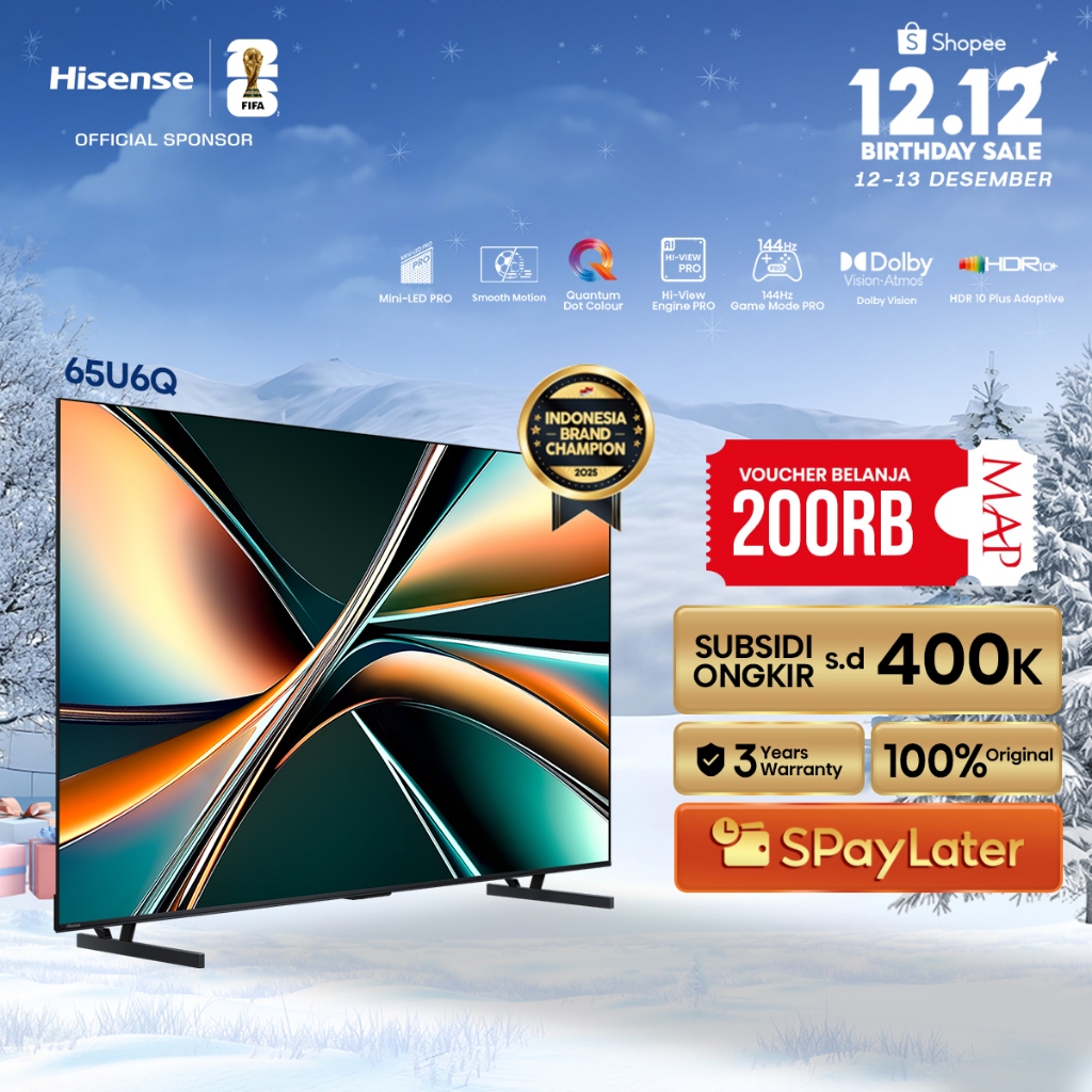 Hisense TV 65U6Q Vidaa Smart TV ULED MiniLED 65 inch Dolby Vision & Atmos 144Hz VRR Game Mode Pro Be