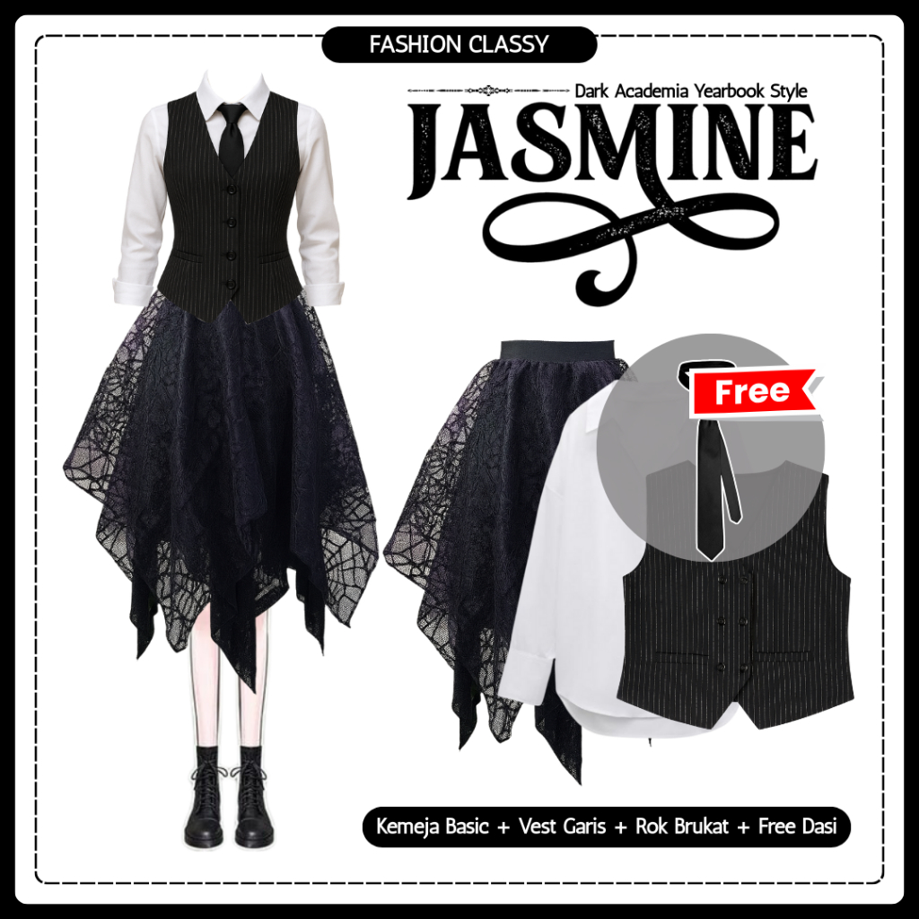[Non Hijab] Dark Academia Yearbook Outfit | Kemeja Basic + Vest Garis + Rok Brukat + Dasi | FCL0034