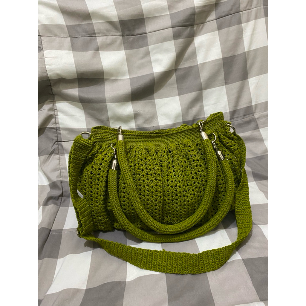 Tas Rajut Handmade Tote Bag Besar Wanita | Tas Bahu Selempang Rajut Green Army / Hijau Lime Fungsion