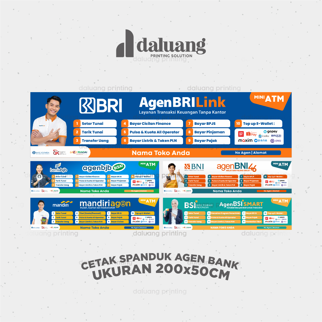 200x50cm | Spanduk Banner Flexi Custom Agen Bank BRILink Mandiri BNI46 BJB Bisa BSI Smart Custom Nam