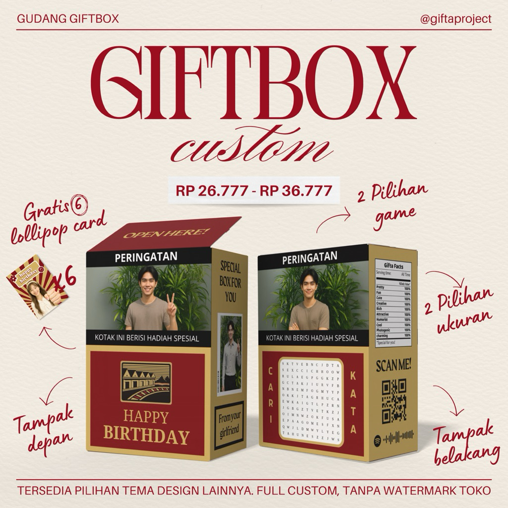 Giftbox Cereal Box Custom Ala Garfit - Bonus 6 Lollipop Card – Kotak Kado Ulang Tahun, Anniversary, 