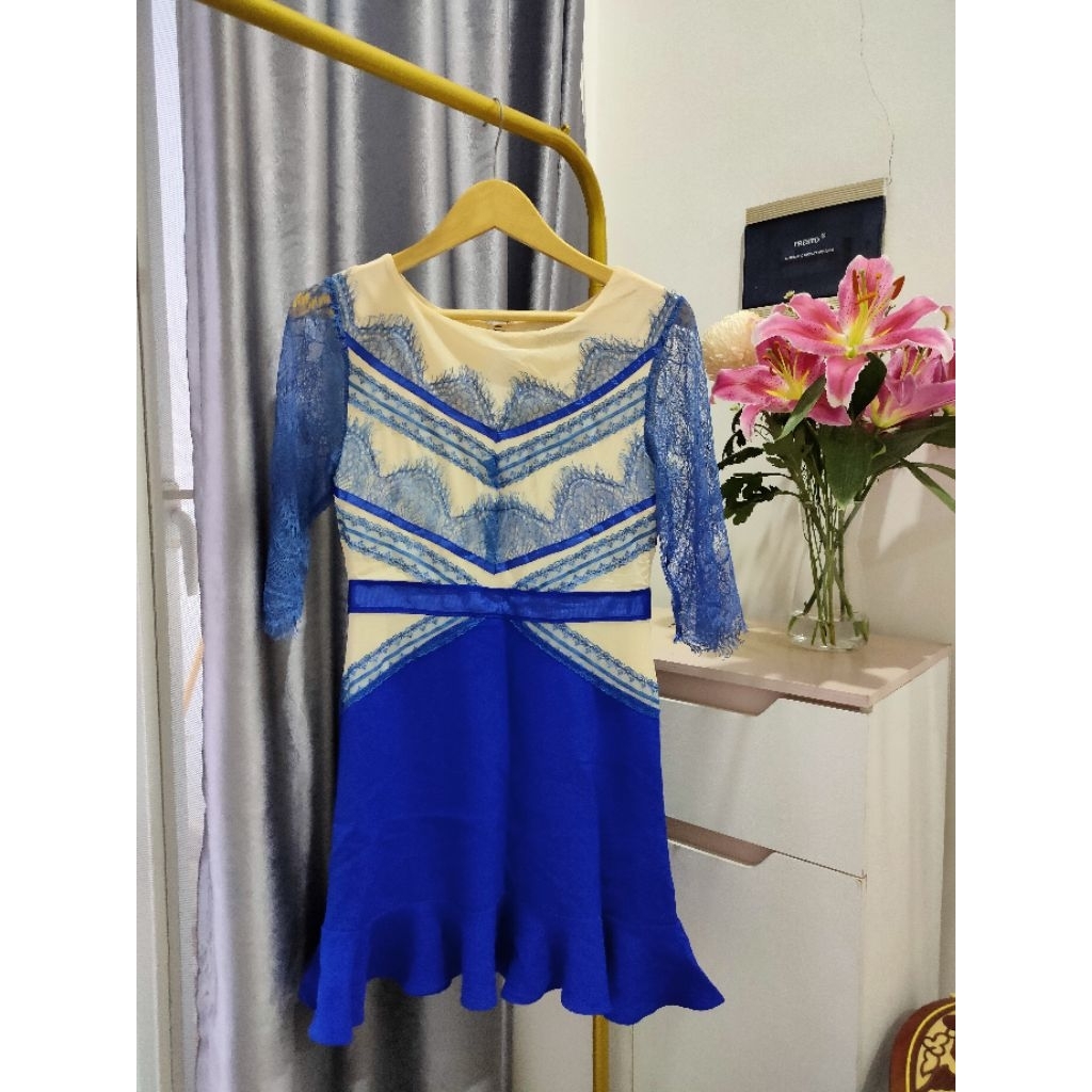 Dress wanita korean lace biru elektrik kombinasi beige size M