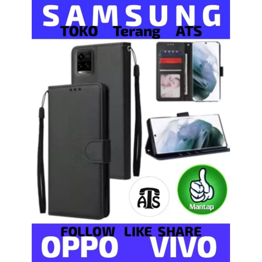 Full Black HITAM Leather Case Flip Cover Samsung A07 / A06 / A04 / A04S / A05 / A05S / A12 / A13 5G 
