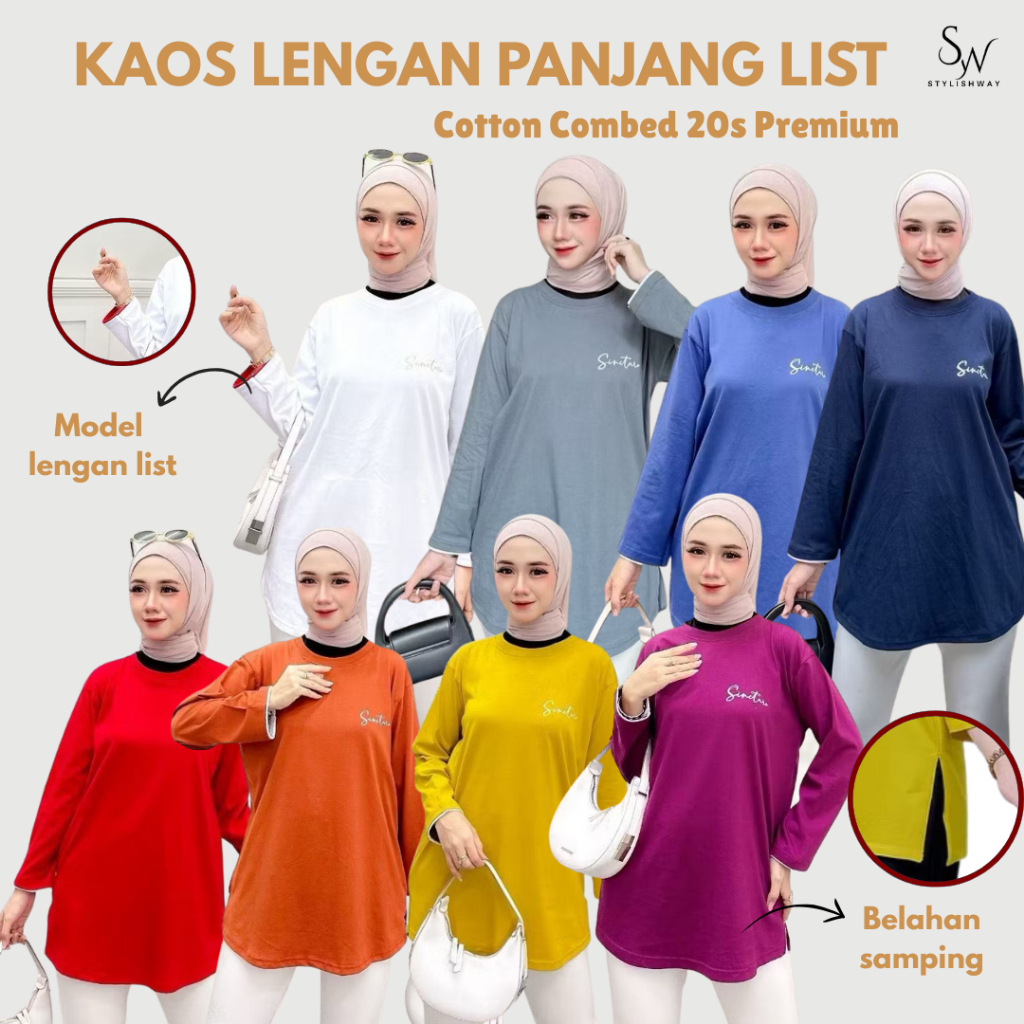 STYLISHWAY Baju Kaos Polos Wanita Lengan Panjang List Kain Cotton Combed 20S Benang Jahit 3 Garis Ka