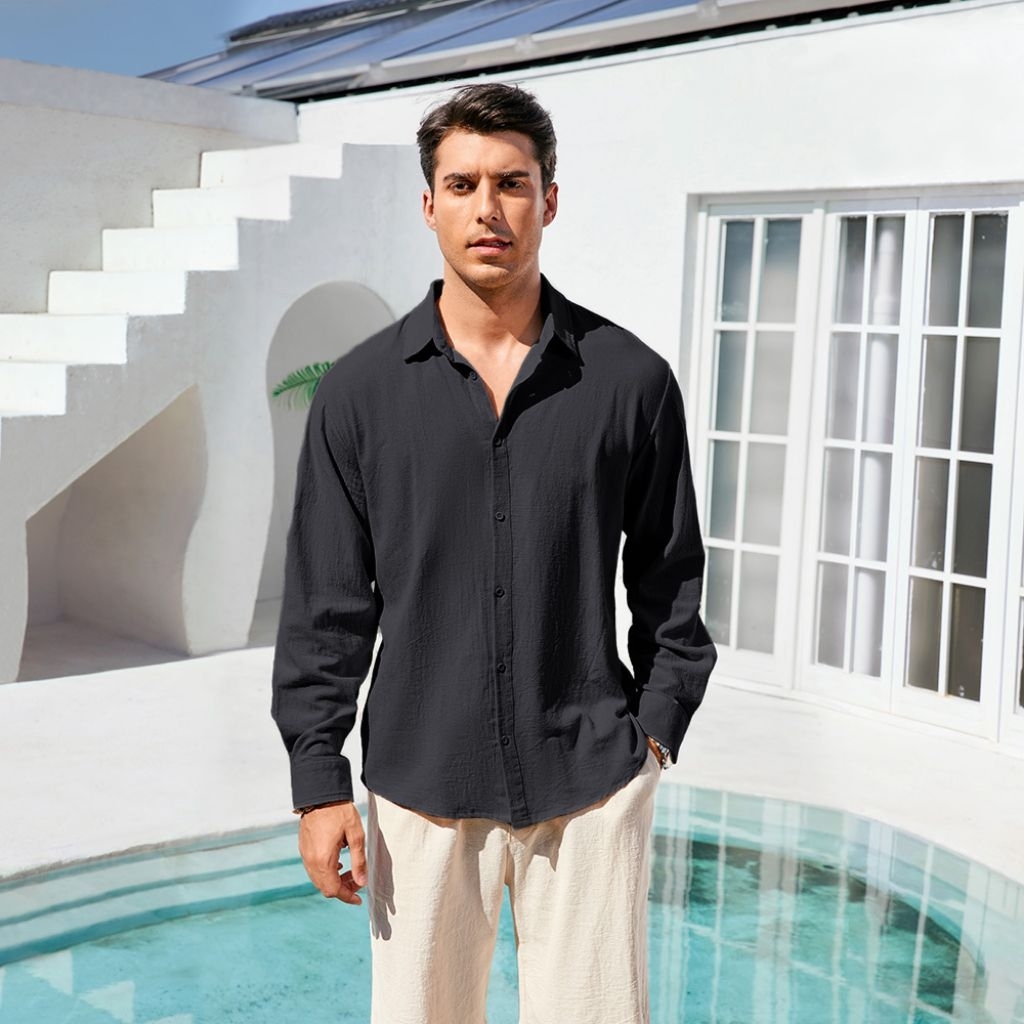 Kemeja Linen Panjang Shirt Kemeja Katun Linen Pria Lengan Panjang Nyaman Santai kemeja linen premium