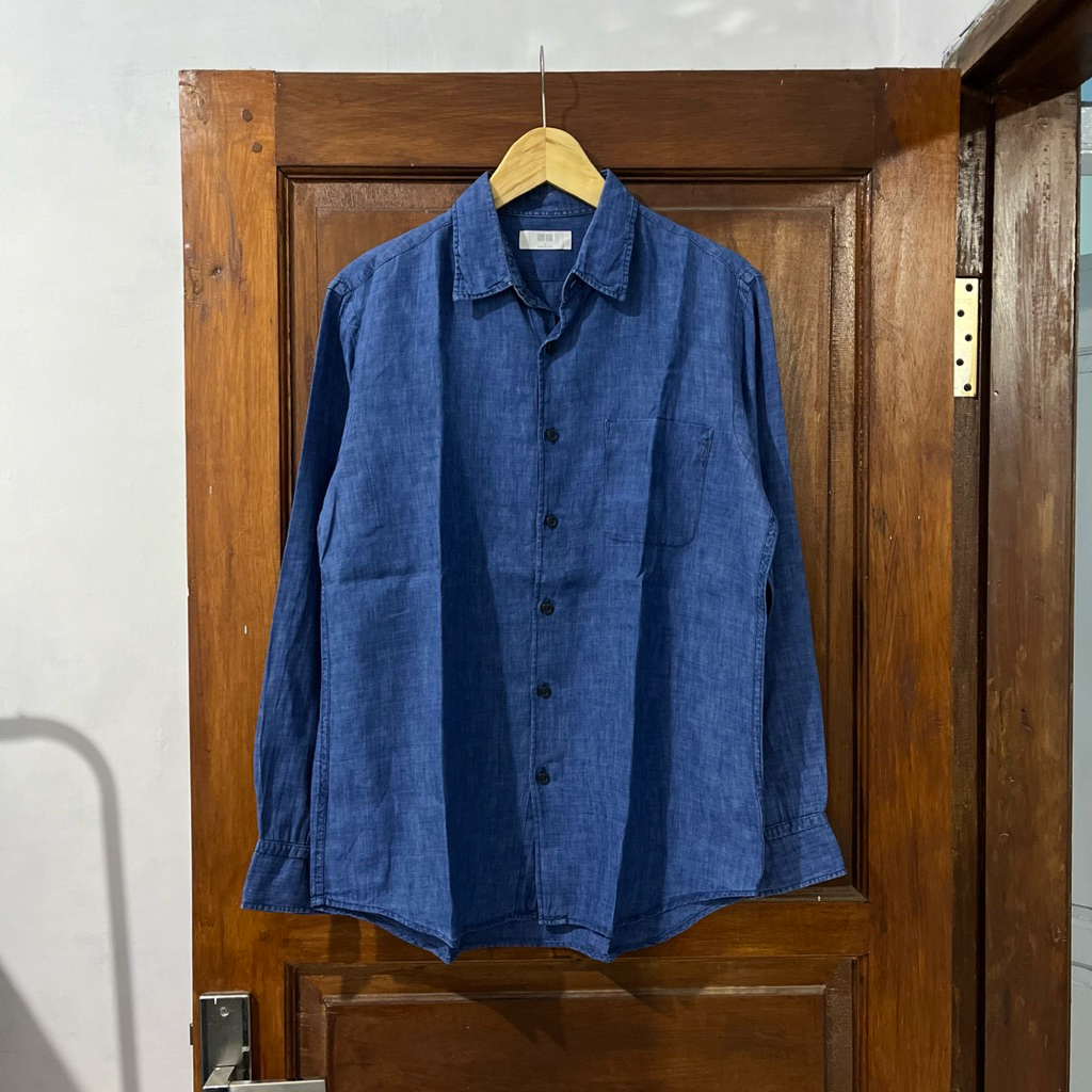 [L-XL] Uniqlo Cotton Linen Long Sleeve Shirt I Blue I Vintage Vtg Retro Kemeja Garis-garis Salur Out