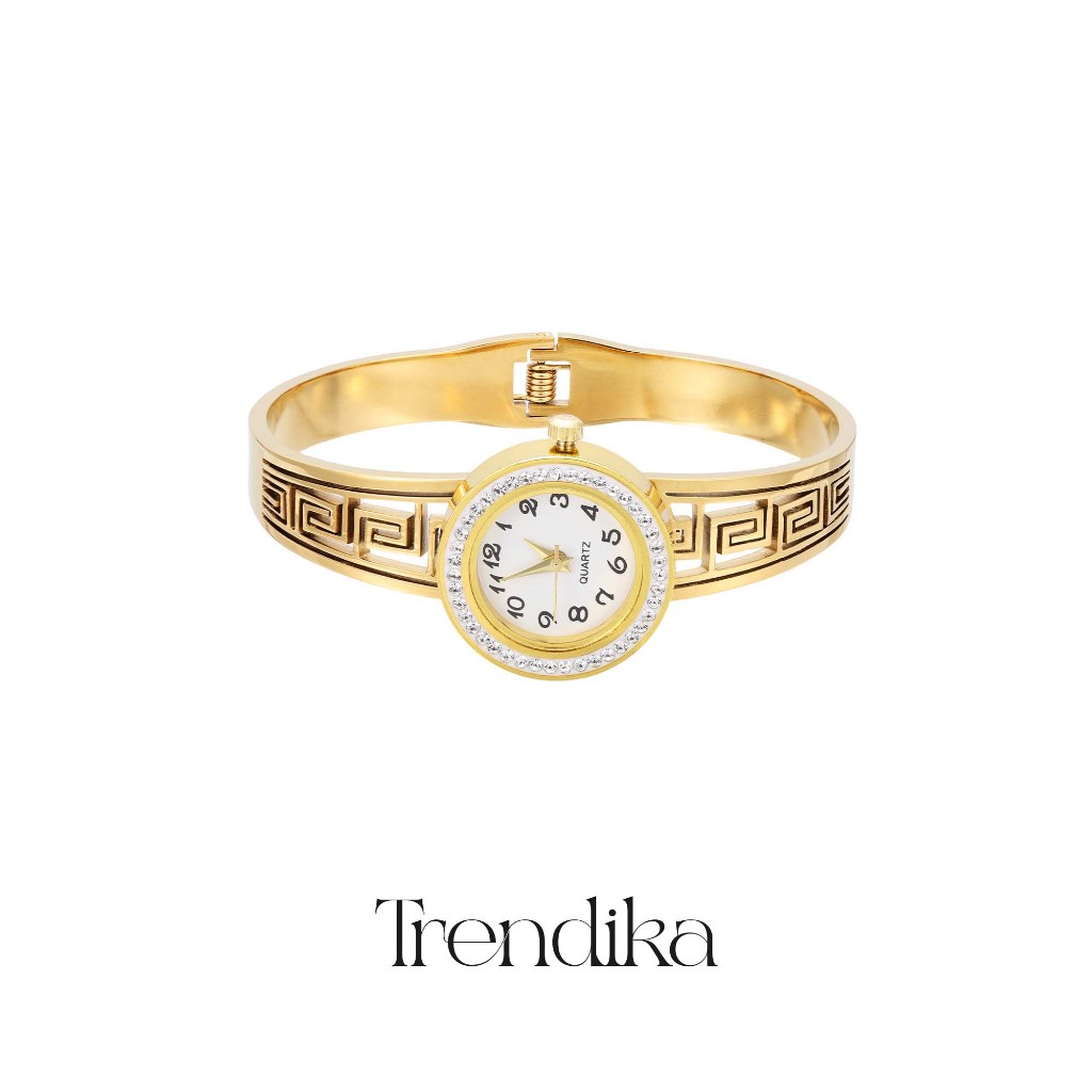 Trendika Gelang jam tangan emas yang elegan bermotif Yunani asli 18k T1029