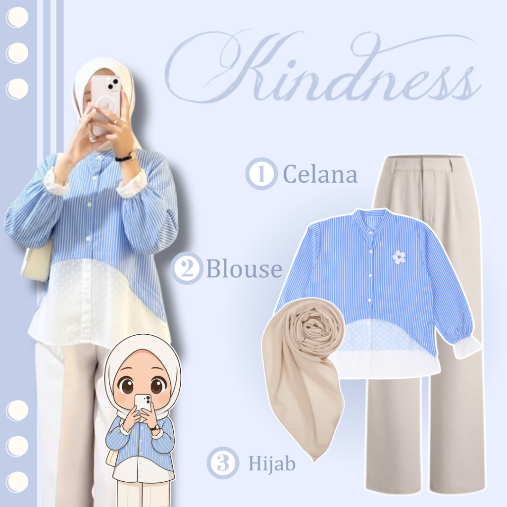 Oneset Setelan Basic ll Blouse Salur Renda Celana Knit Hijab Bella Square ll Outfit Minimalis SN140N