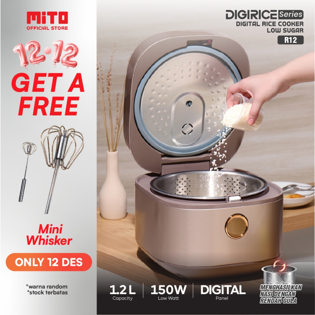 MITO Digital Rice Cooker 1.2 Liter R12 - Rice Cooker Low Sugar dengan 8 Menu Preset, Inner Pot Anti 