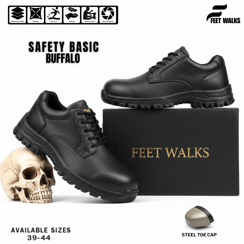 Sepatu Pria Outdor Kerja Lapangan - Shoes Safety Basic Buffalo Hijam Low Steel Toe Cap Ujung Besi - 
