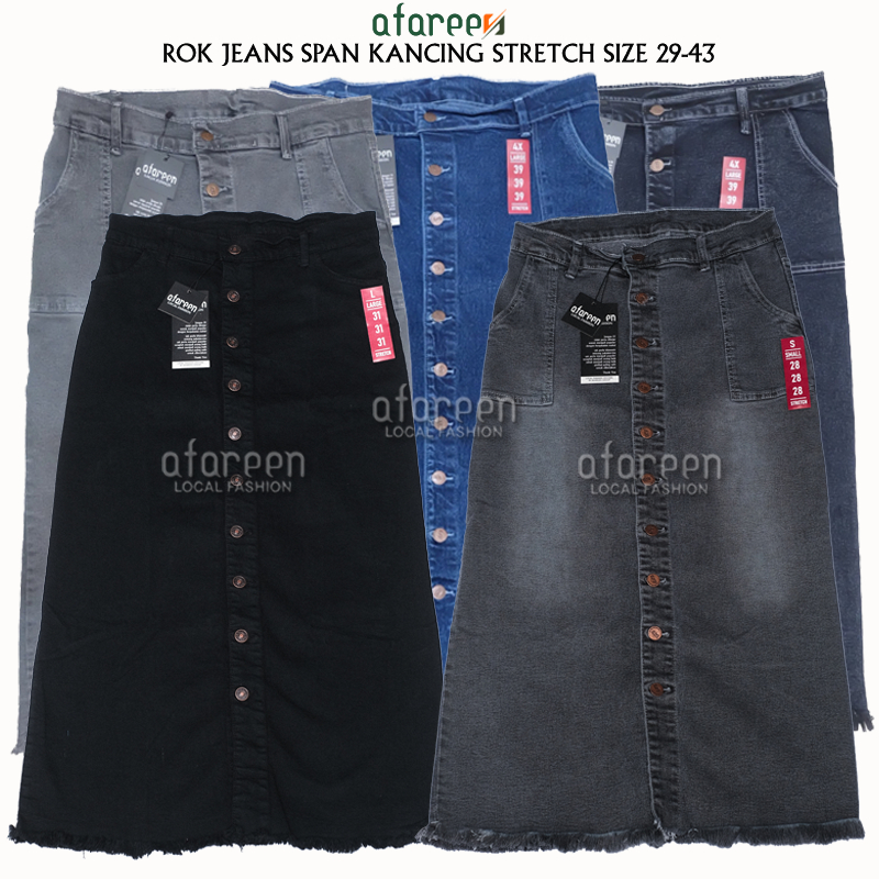 Rok Jeans Kancing Depan Rok Span Panjang Skrit Jeans Jumbo Stretch Melar Tebal Size 29-43