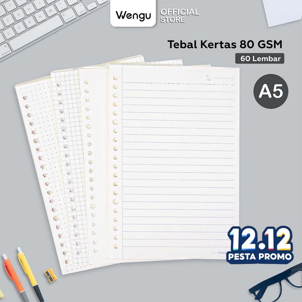 WENGU Loose Leaf Binder 80 Gsm A5 Isi 60 Lembar Bergaris Polos Kotak Titik Warna A/B/WG-560