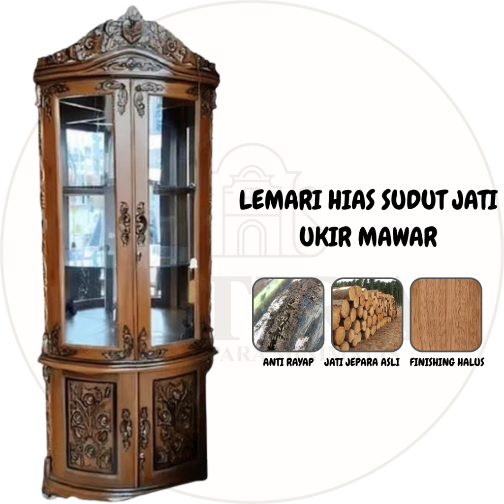 Lemari Hias Sudut Jati Ukir Mawar | Lemari Hias Sudut Jati Jepara Asli Murah Palembang