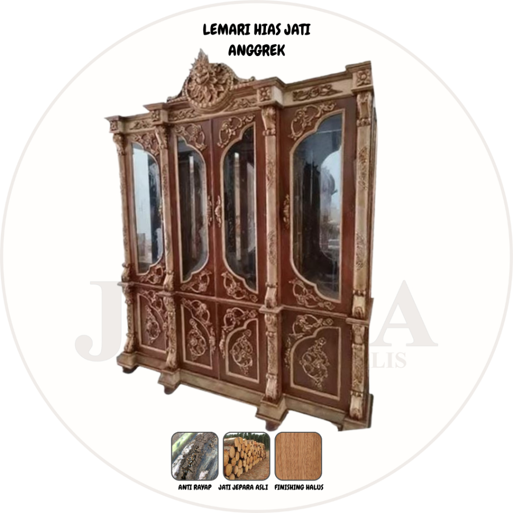 Lemari Hias Jati Anggrek | Lemari Hias 4 Pintu Jati Asli Jepara Murah Palembang