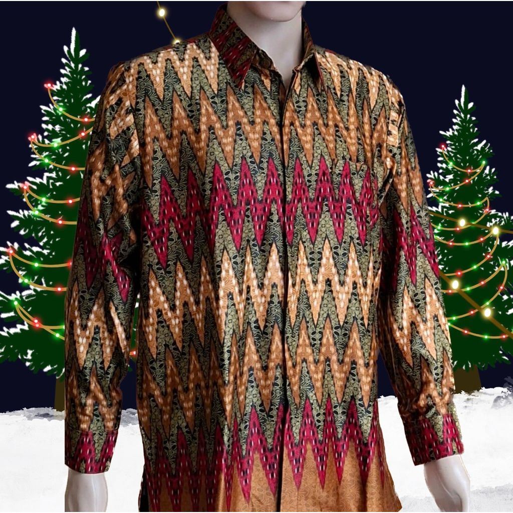 Kemeja Batik Sutra Putih Bahan Silky Warna Coklat Merah