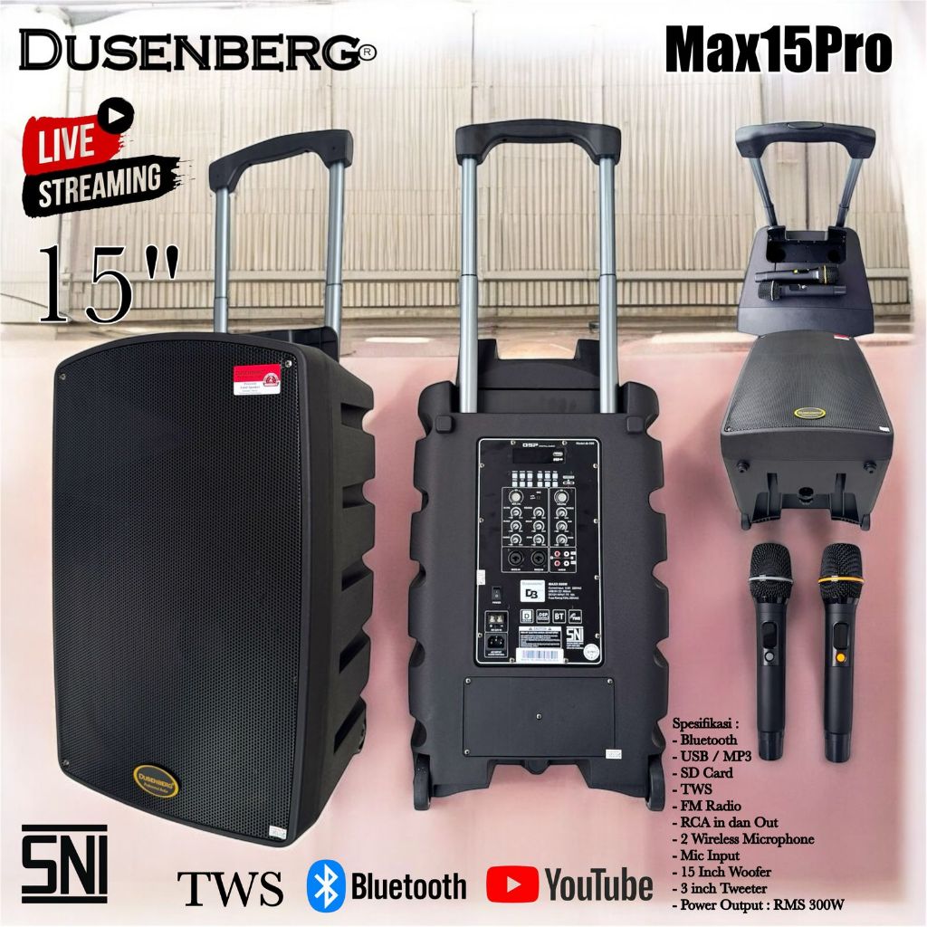 Speaker Professional Portable 15 inch Dusenberg / dusen berg -- Max 15 pro / Max15Pro Bluetooth Tws 2 wireless Pro Vocal