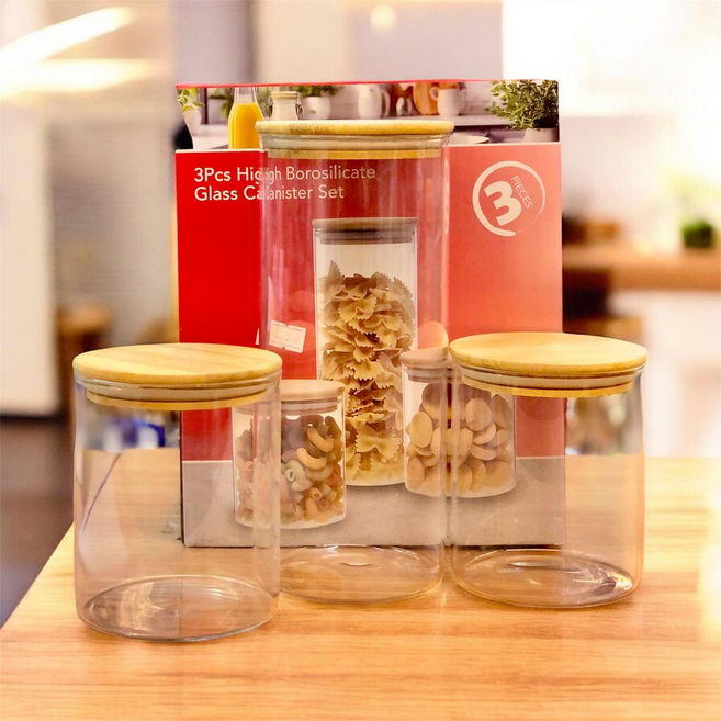 Toples Kaca Tutup Kayu Set Isi 3