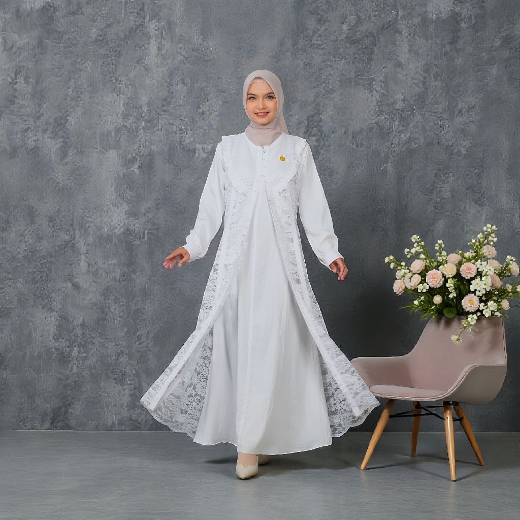 Naura Dress Gamis Polo Linen Premium Kombinasi Brokat Premium