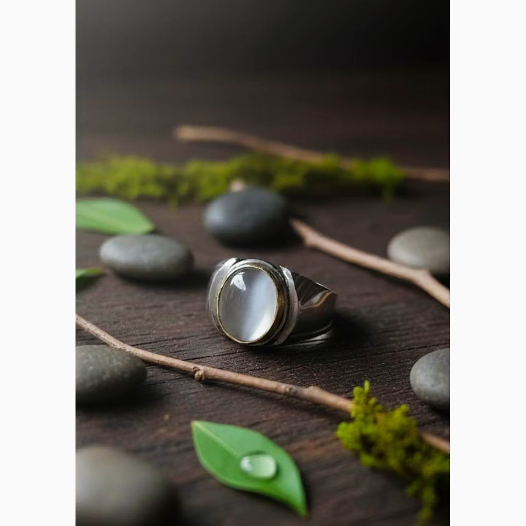 Cincin Batu Akik Biduri Bulan Putih Cat Eye 12x10mm Terbaru