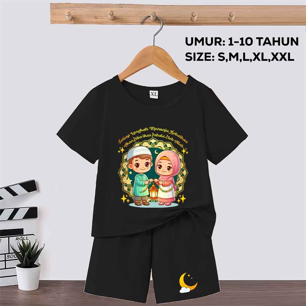 Setelan Anak Umur 1-10 Tahun Motif Muslim & Muslimah Gambar Lucu Baju Muslim Lengan Pendek