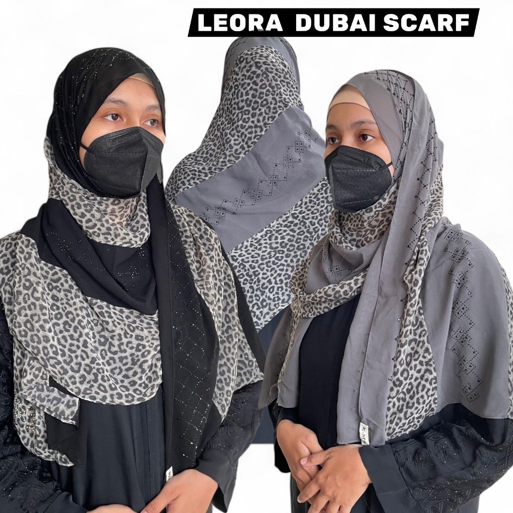 Leora Dubai Scarf – Pashmina Motif Leopard Premium Mix Chiffon Arab Payet Eksklusif