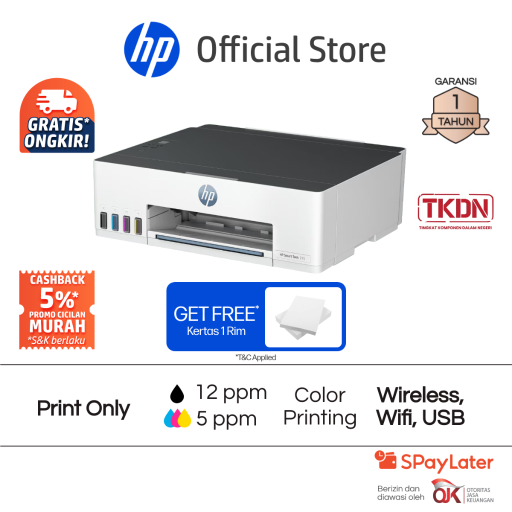 SERTIFIKASI TKDN - Printer HP Smart Ink Tank 215 Print Only Wireless Wifi USB Color Colour Warna Gar