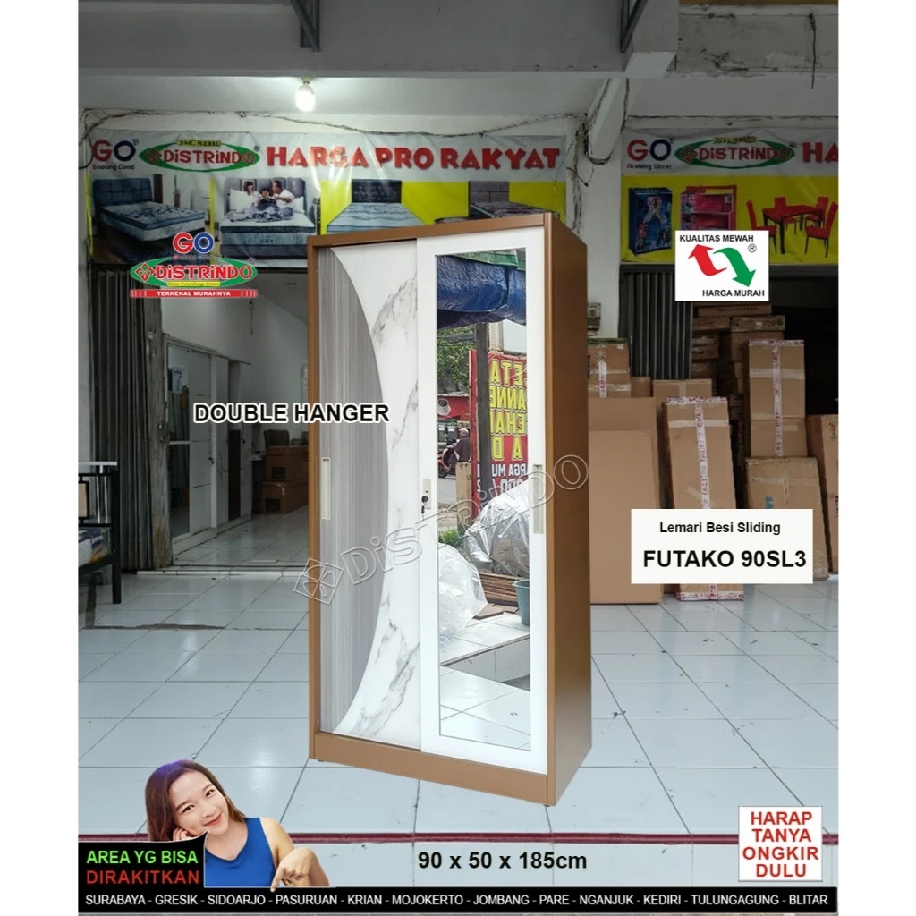 Distrindo - Lemari Pakaian Besi Sliding Minimalis + BRANKAS Hanger Bisa 2 Posisi