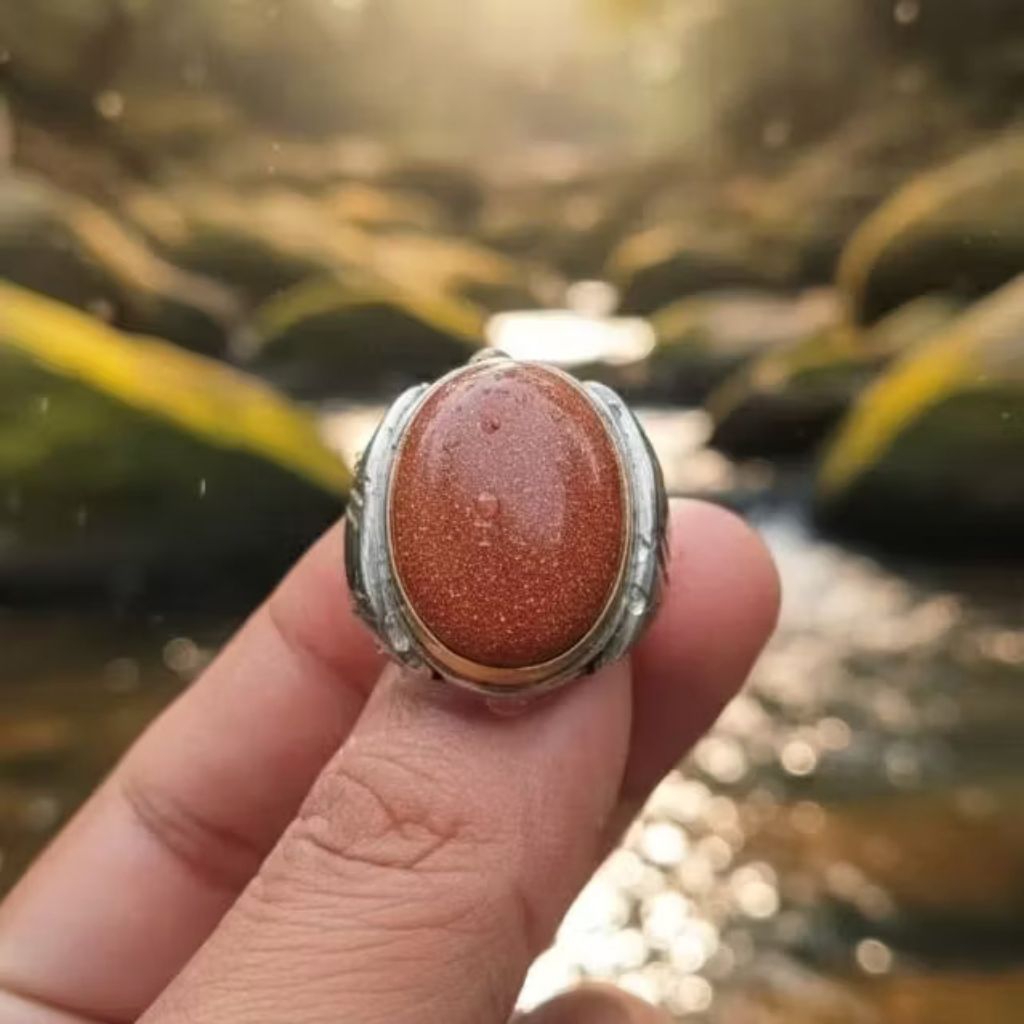 cincin batu akik pasir mas mekah dim 20x15 mm ring monel tanam