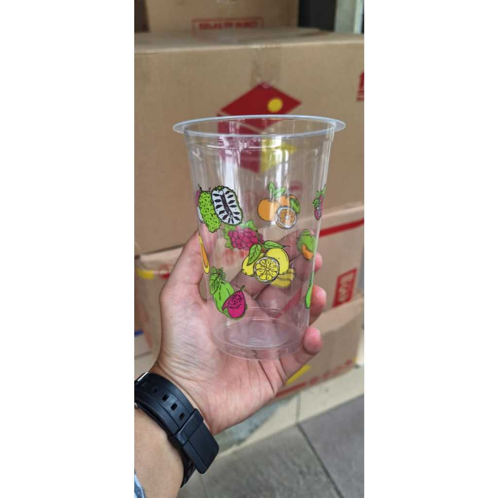 CUP FLAT 16 OZ 5GR BUAH-BUAHAN / CUP PLASTIK JUS / CUP PLASTIK LOGO JUS BUAH