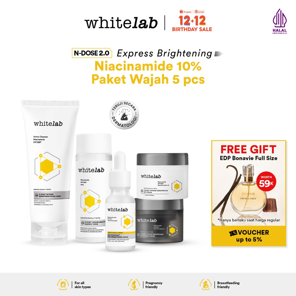 Whitelab Paket Wajah Brightening Niacinamide Facial Wash, Toner, Serum, Day & Night Moisturizer - 5 