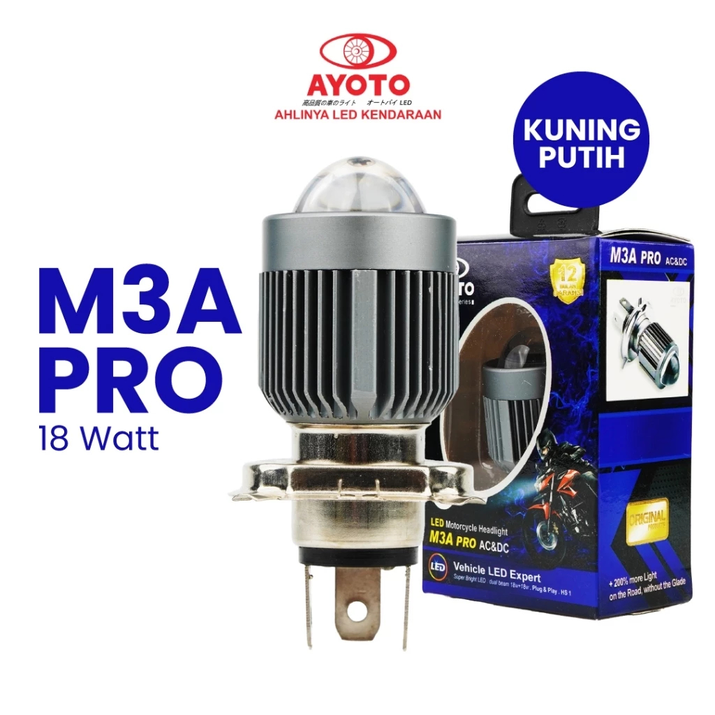 Lampu Depan LED Utama Laser Motor Mobil VIXION  M3A PRO H4 HS1 18W 2 Warna Putih Kuning AC DC AYOTO 