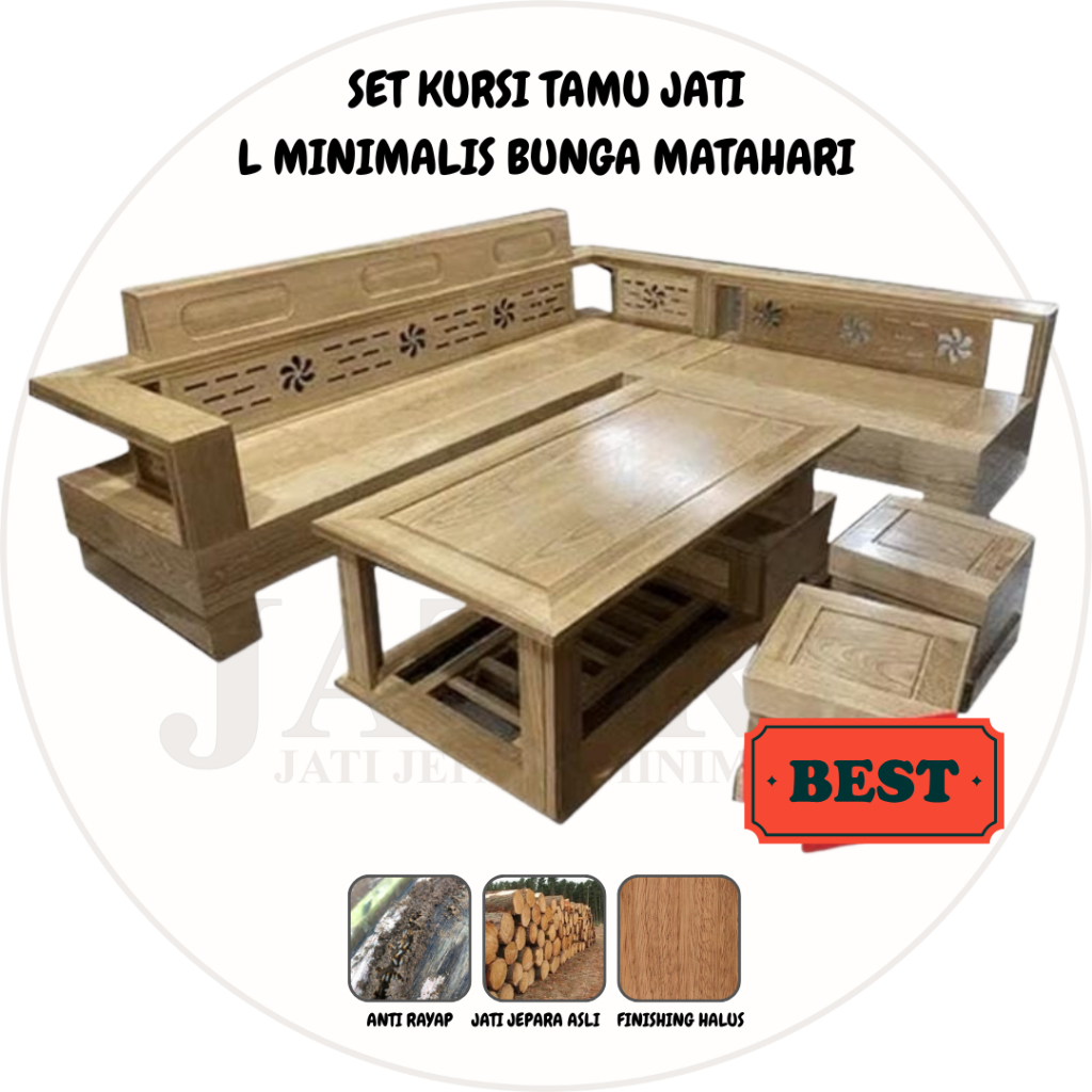 Set Kursi Tamu Jati L Minimalis Motif Matahari | Kurai Jati Asli Jepara Murah Palembang