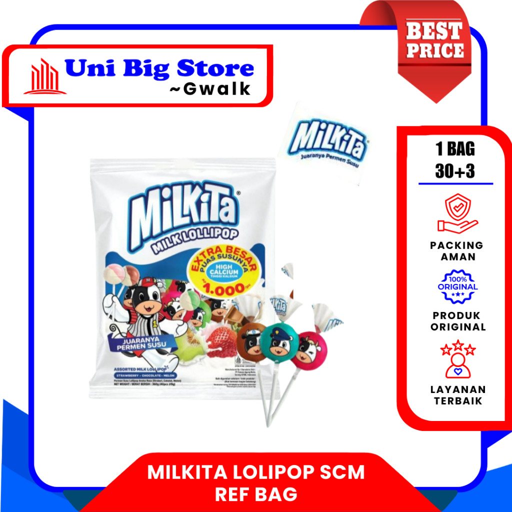 PERMEN MILKITA LOLIPOP STRAWBERRY COKLAT MELON REF BAG ~ 30+3