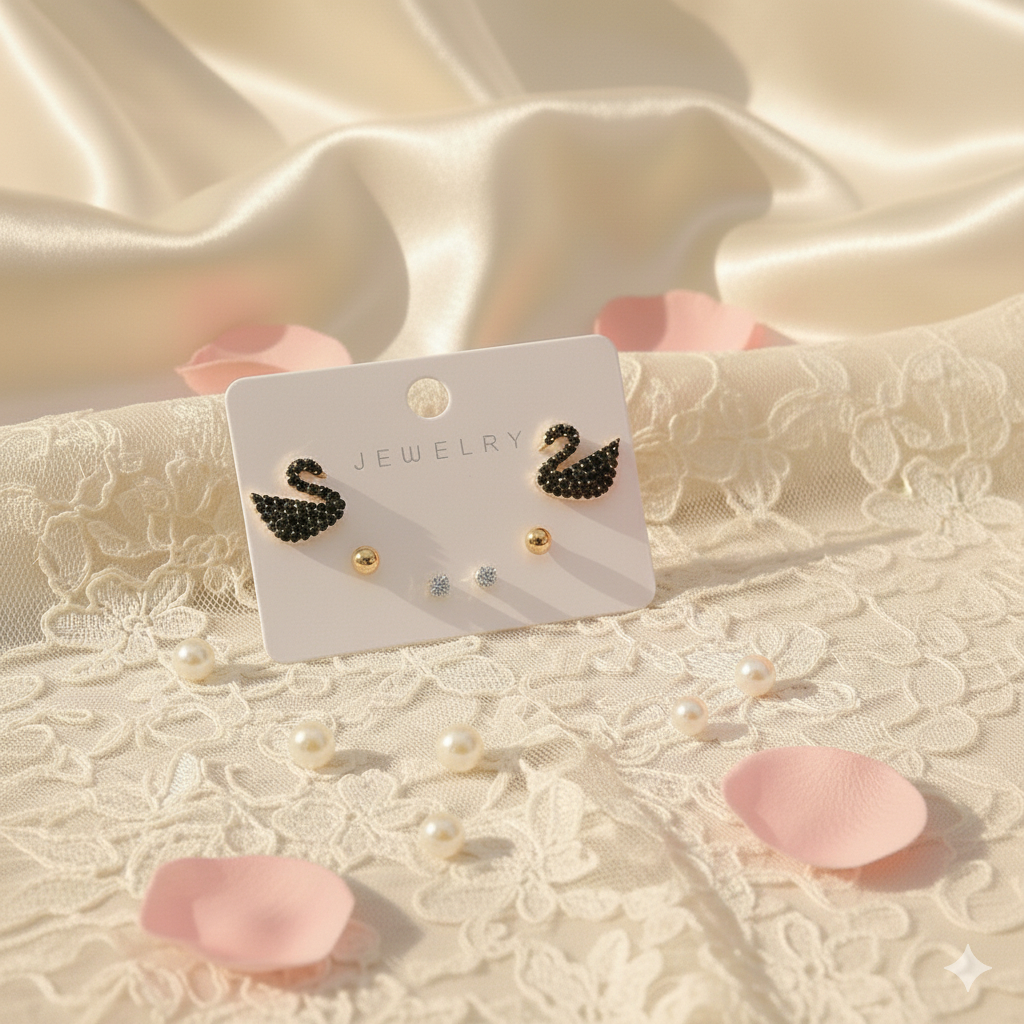 Fashionaccesories COD Set Anting Angsa Hitam Bulat Mata