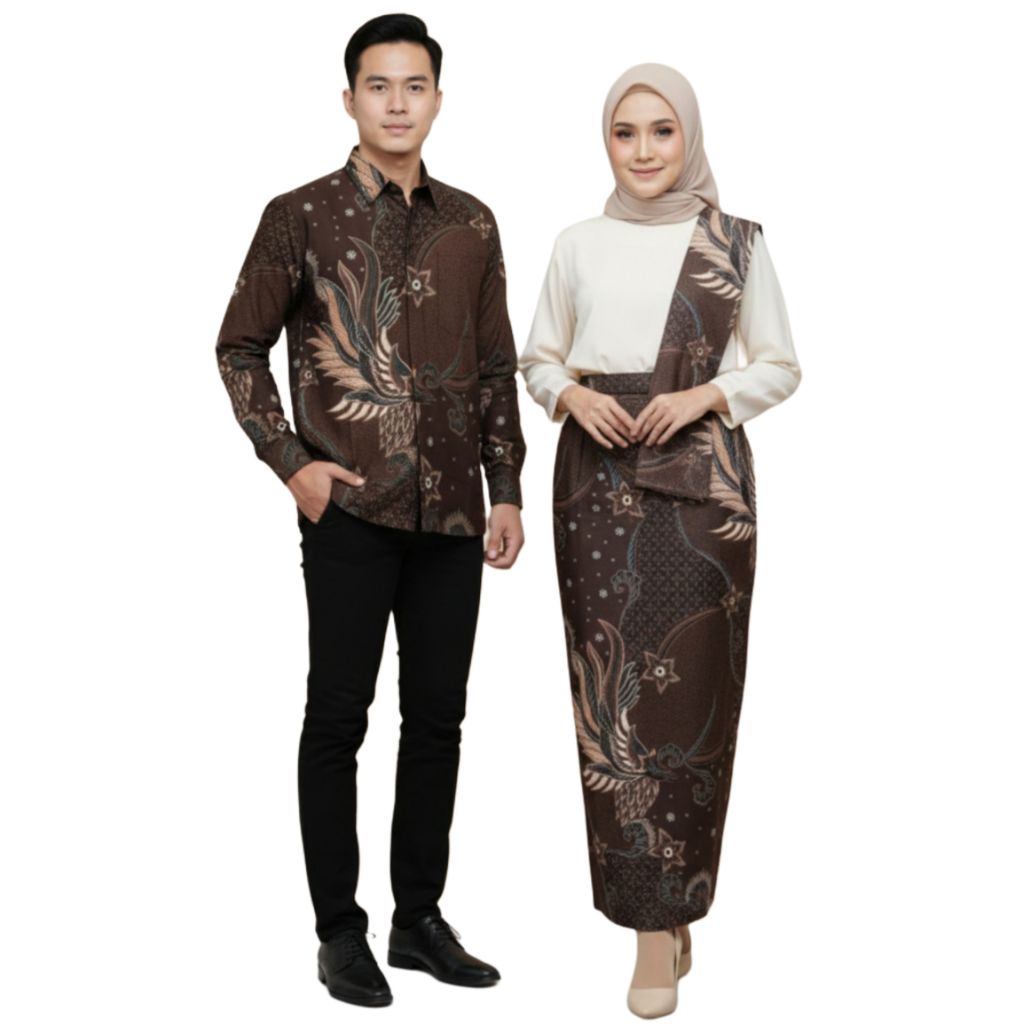 Couple Set Kemeja Batik dan Rok Span motif Lesmana Warna Coklat Mahogany by Batik Priyayi