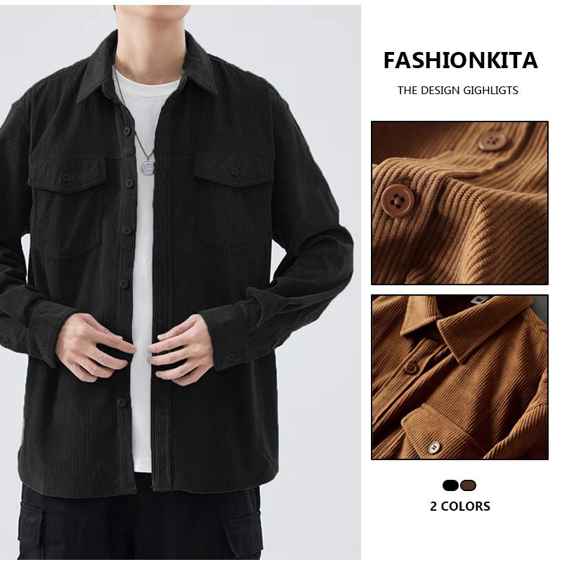 Kemeja Corduroy Pria Kekinian - Lengan Panjang Gaya Korea Santai Gombrong Baju Kasual Premium