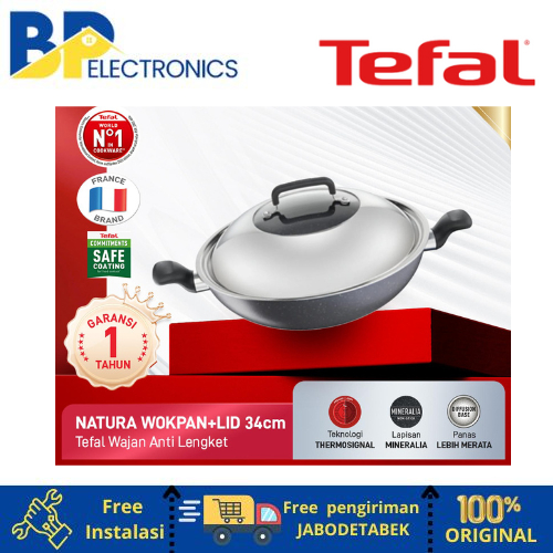 Tefal Wajan Kuali Penggorengan Anti Lengket Natura Wokpan 34cm + Lid
