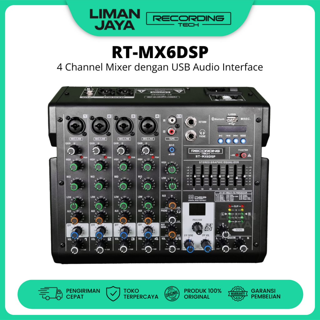 Recording Tech RT-MX6 DSP RTMX6 RecordingTech Mixer 4 Channel Mic 6 Input Bluetooth Soundcard USB