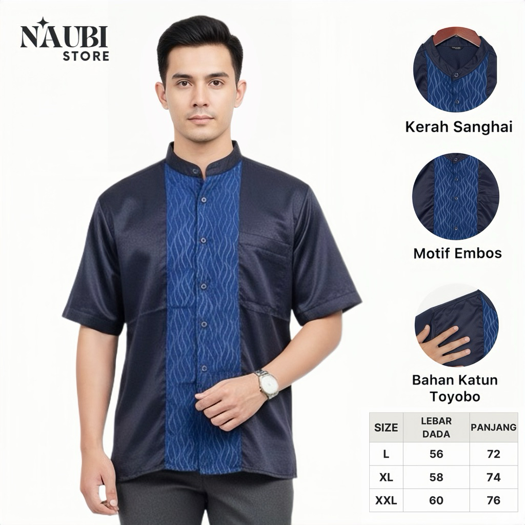 Baju Koko Lengan Pendek Pria Slimfit Navy Kemeja Muslim Santri Keluarga Lebaran 2026 Bahan Katun Toy