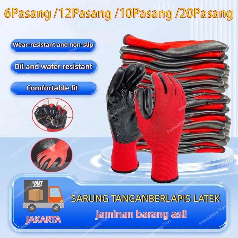 20Pasang SARUNG TANGAN LUPO NYLON LATEX PALM FIT ANTI SLIP KACA ANTI GORES SAFETY HAND GLOVES/Safety