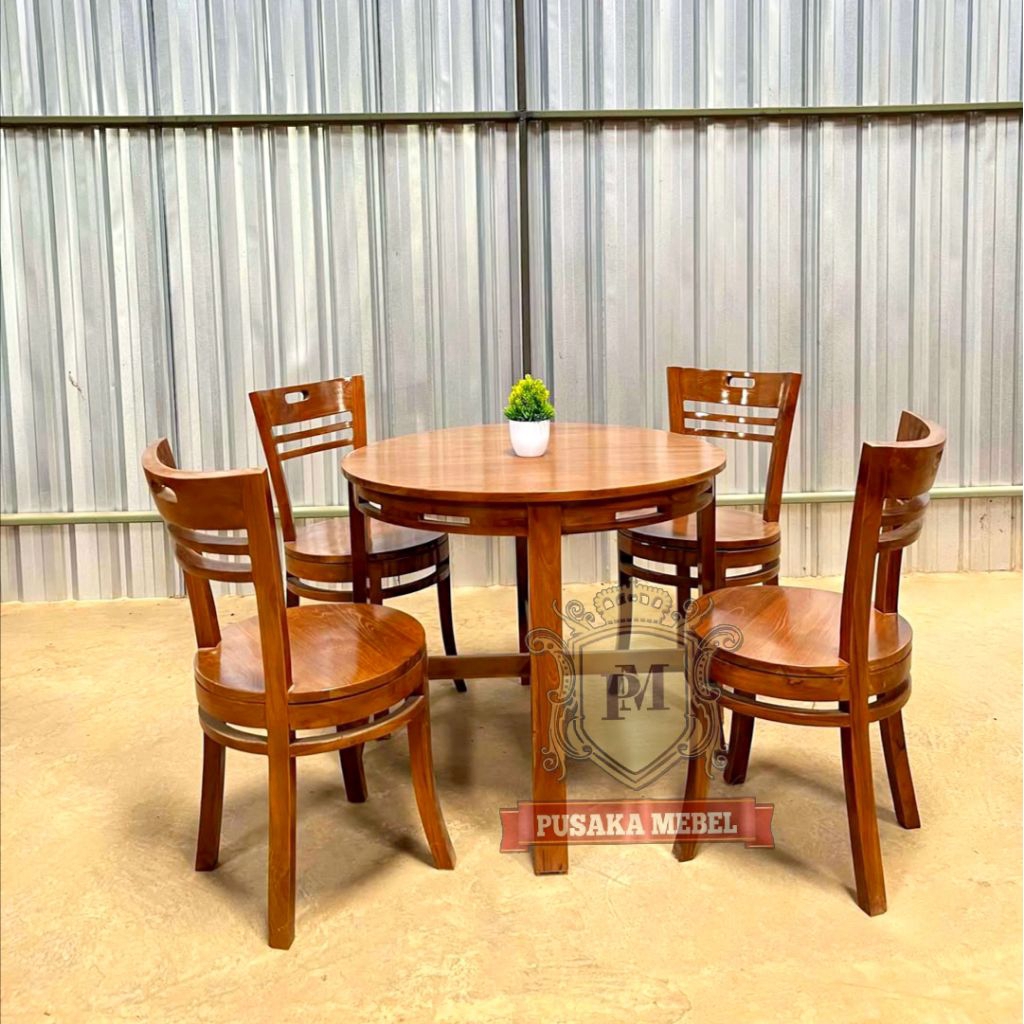 meja makan bulat set 4 kursi kayu jati model minimalis, meja makan resto bulat kayu jati