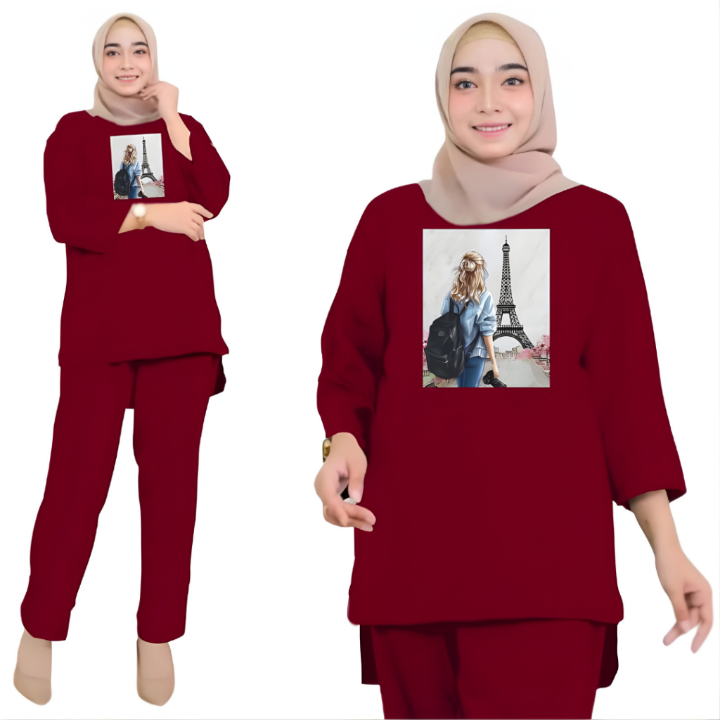 Setelan Wanita Kekinian Ld 130 cm Terbaru Bahan Kaos Babyterry Baju One Set Jumbo Santai Paris