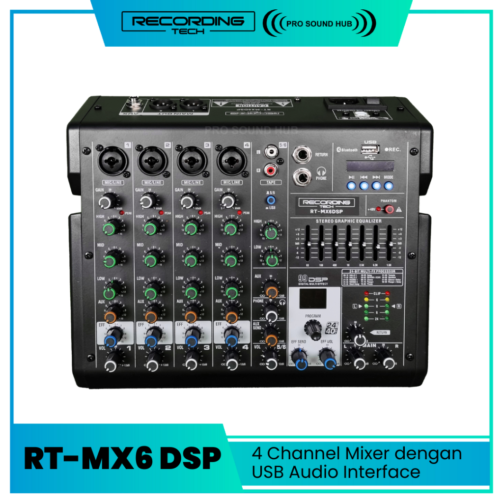 Recording Tech RT-MX6 DSP RTMX6 RecordingTech Mixer 4 Channel Mic 6 Input Bluetooth Soundcard USB