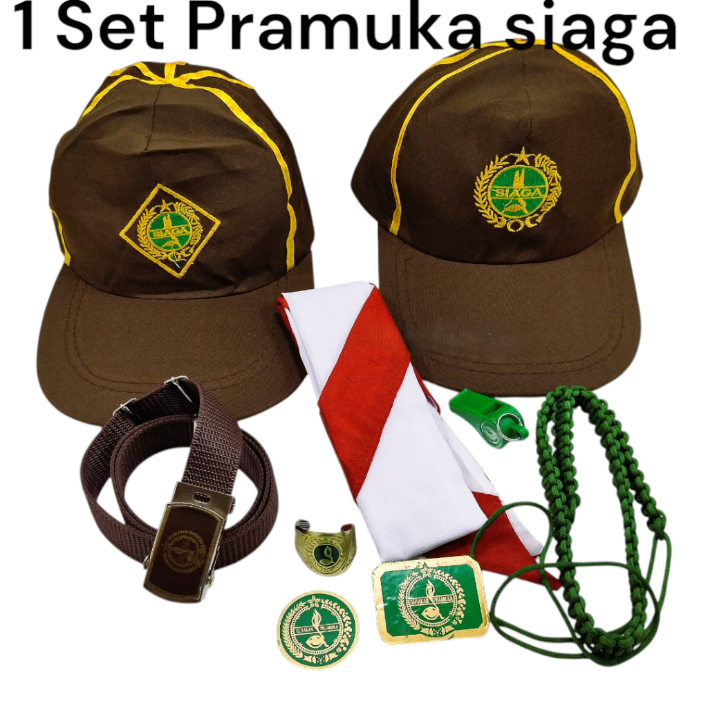 Set Perlengkapan Pramuka Siaga Putra Putri 7 Pcs – Topi Kacu Ring Pin Peluit Sabuk Talikur SD