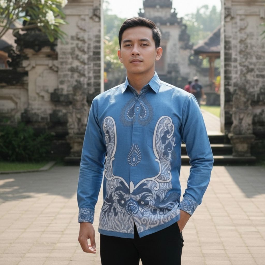 Batik Lengan Panjang Pria Biru Denim Reguler Bahan Katun Baju Seragam Acara Kantor Dan Pesta Pernika